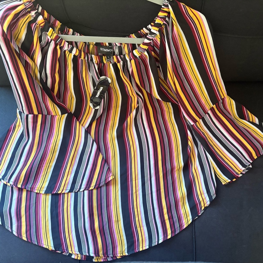 Vintage Large Multicolor Off-Shoulder Striped Blouse